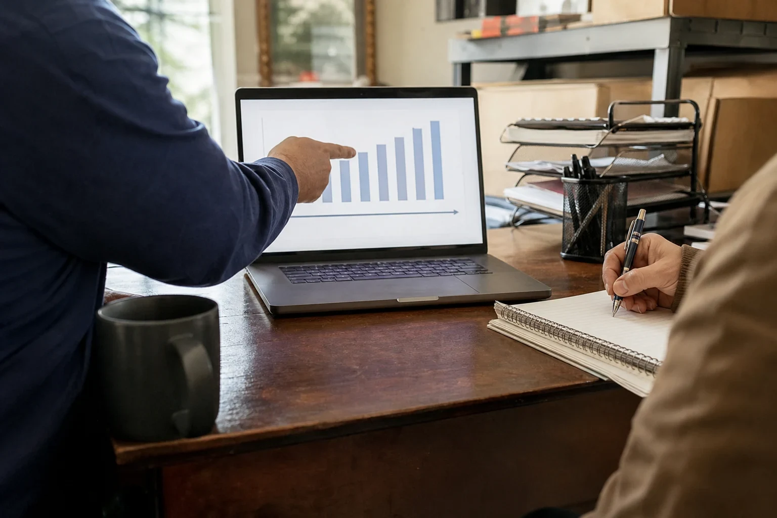 Agent points to a bar chart on a laptop at a wooden office desk while a client takes notes in a spiral notebook beside a mesh pen holder and paper trays