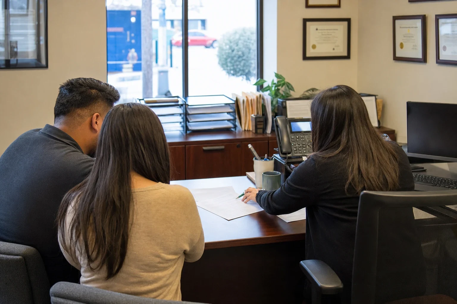 Agent at a wood desk reviewing printed papers with a young couple, seen from behind, framed certificates on the wall and a street-facing window